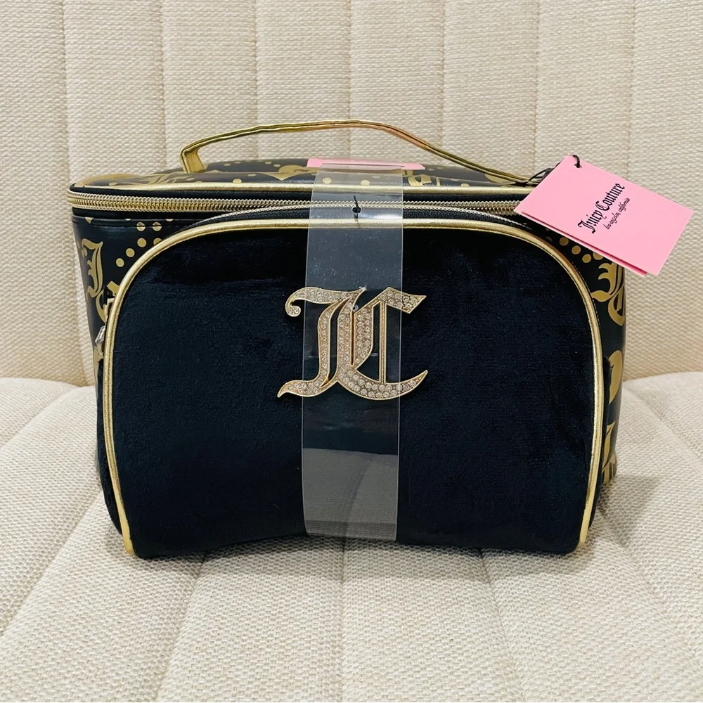 NEW Juicy Couture Black Gold Monogram Train Case Makeup Bag 2pc‎ Set Rhinestone